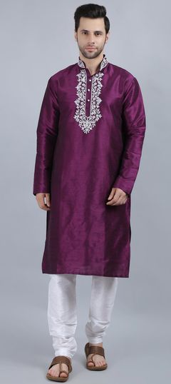 Purple and Violet color Kurta Pyjamas in Dupion Silk fabric with Embroidered, Thread work