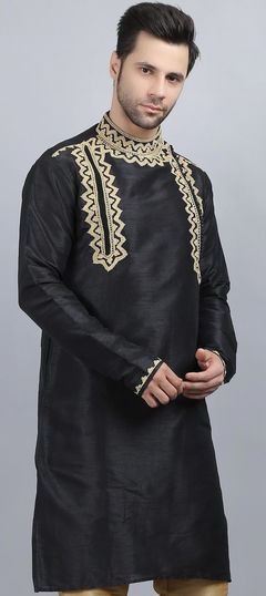 Festive Black and Grey color Kurta in Dupion Silk fabric with Embroidered, Thread, Zari work : 1886241