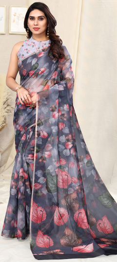 Black and Grey color Saree in Organza Silk, Silk fabric with Printed work