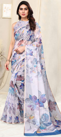 White and Off White color Saree in Organza Silk, Silk fabric with Printed work