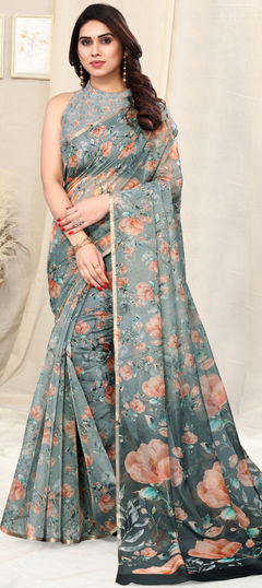 Green color Saree in Organza Silk, Silk fabric with Floral, Printed work