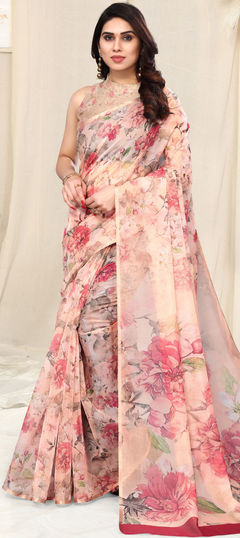 Beige and Brown color Saree in Organza Silk, Silk fabric with Floral, Printed work