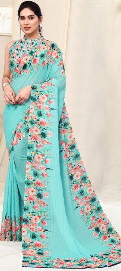 Blue color Saree in Georgette fabric with Floral, Printed work