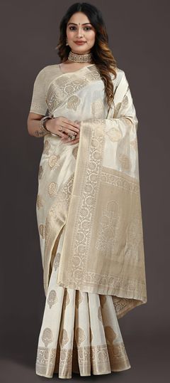 White and Off White color Saree in Raw Silk, Silk fabric with Weaving work