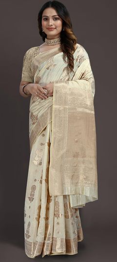 Party Wear, Traditional White and Off White color Saree in Raw Silk, Silk fabric with South Weaving work : 1886422