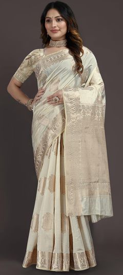 White and Off White color Saree in Raw Silk, Silk fabric with Weaving work