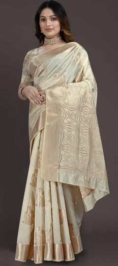 White and Off White color Saree in Raw Silk, Silk fabric with Weaving work