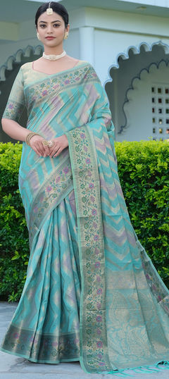 Blue color Saree in Organza Silk, Silk fabric with Weaving work