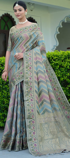 Black and Grey color Saree in Organza Silk, Silk fabric with Weaving work