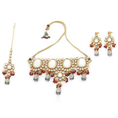 Red and Maroon color Necklace in Metal Alloy studded with Kundan & Gold Rodium Polish : 1886501