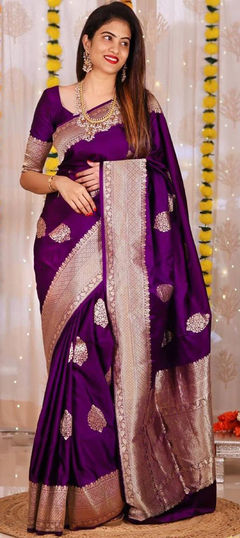 Purple and Violet color Saree in Art Silk, Silk fabric with Weaving work