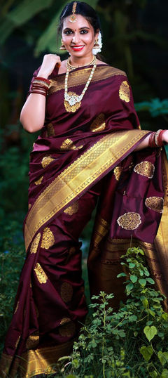 Red and Maroon color Saree in Art Silk, Silk fabric with Weaving work