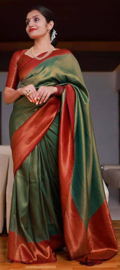 Party Wear, Traditional Green color Saree in Art Silk, Silk fabric with South Weaving work : 1886562