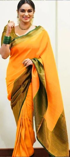 Party Wear, Traditional Yellow color Saree in Art Silk, Silk fabric with South Weaving work : 1886566