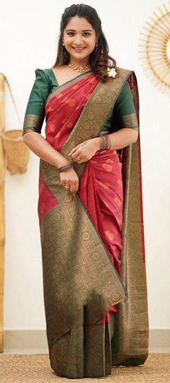 Pink and Majenta color Saree in Art Silk, Silk fabric with Weaving work