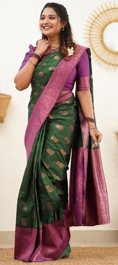 Green color Saree in Art Silk, Silk fabric with Weaving work