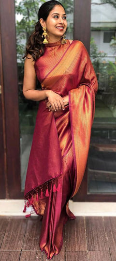 Party Wear, Traditional Pink and Majenta color Saree in Art Silk, Silk fabric with South Weaving work : 1886591