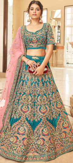 Blue color Lehenga in Velvet fabric with Embroidered, Sequence, Thread, Zari work