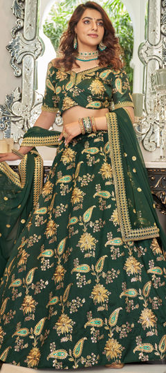 Green color Lehenga in Art Silk fabric with Embroidered, Sequence, Thread, Zari work