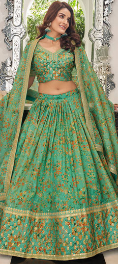 Green color Lehenga in Organza Silk fabric with Embroidered, Sequence, Thread, Zari work