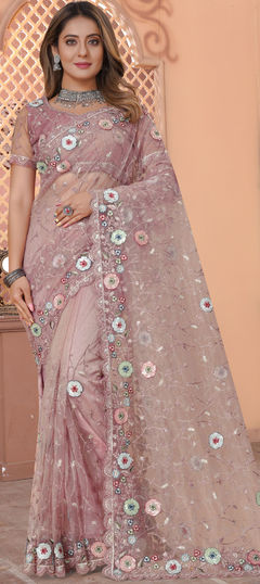 Pink and Majenta color Saree in Net fabric with Embroidered, Resham, Sequence, Thread work