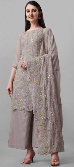 Black and Grey color Salwar Kameez in Faux Georgette fabric with Embroidered, Thread work