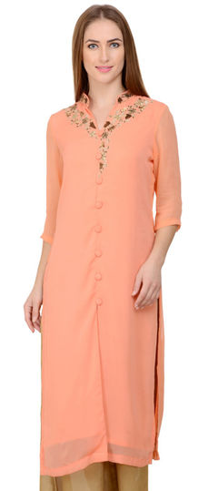 Party Wear Pink and Majenta color Kurti in Georgette fabric with Long Sleeve, Straight Embroidered, Thread work : 1886718