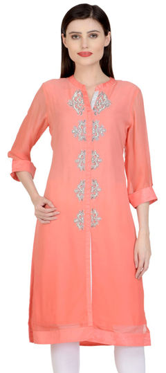 Party Wear Pink and Majenta color Kurti in Georgette fabric with Long Sleeve, Straight Embroidered, Thread work : 1886722