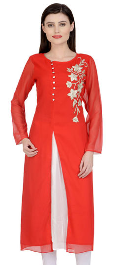 Party Wear Red and Maroon color Kurti in Georgette fabric with Long Sleeve, Straight Embroidered, Thread work : 1886725