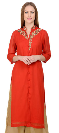 Party Wear Red and Maroon color Kurti in Georgette fabric with Long Sleeve, Straight Embroidered, Thread work : 1886727