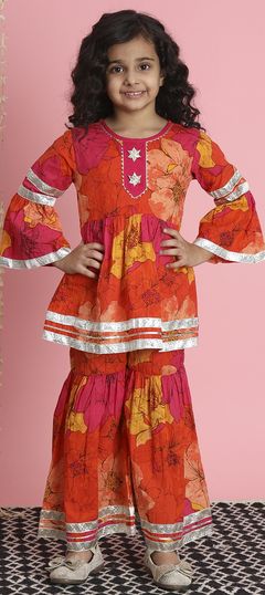 Pink and Majenta, Red and Maroon color Girls Top with Bottom in Cotton fabric with Floral, Gota Patti, Lace, Printed work