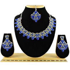 Silver Rodium Polish Blue color Necklace in Metal Alloy studded with Austrian diamond