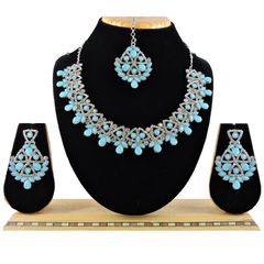 Silver Rodium Polish Blue color Necklace in Metal Alloy studded with Austrian diamond
