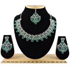 Silver Rodium Polish Green color Necklace in Metal Alloy studded with Austrian diamond