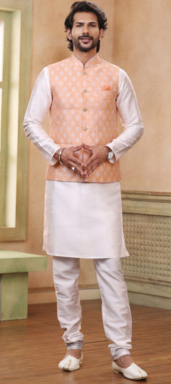 White and Off White color Kurta Pyjama with Jacket in Banarasi Silk fabric with Weaving work