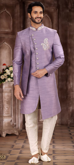 Purple and Violet color Sherwani in Art Silk fabric with Embroidered work