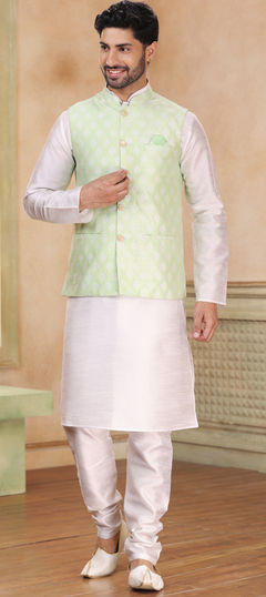 White and Off White color Kurta Pyjama with Jacket in Banarasi Silk fabric with Weaving work