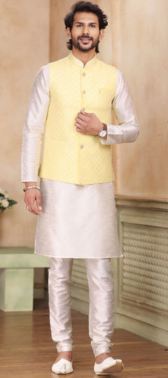 White and Off White color Kurta Pyjama with Jacket in Banarasi Silk fabric with Weaving work