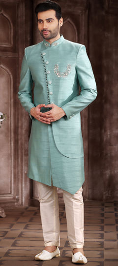 Green color Sherwani in Art Silk fabric with Embroidered work