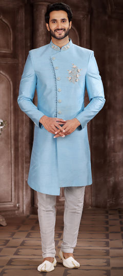 Blue color Sherwani in Art Silk fabric with Embroidered work