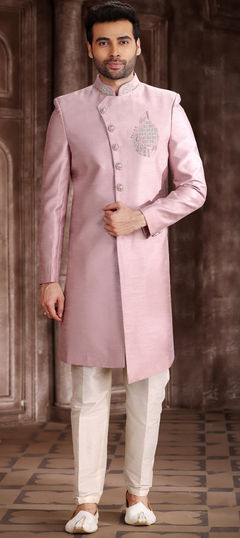 Pink and Majenta color Sherwani in Art Silk fabric with Embroidered work