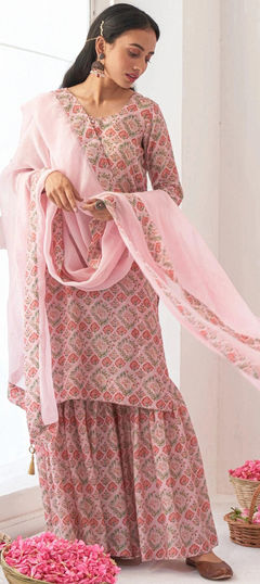 Pink and Majenta color Salwar Kameez in Muslin fabric with Digital Print, Floral work