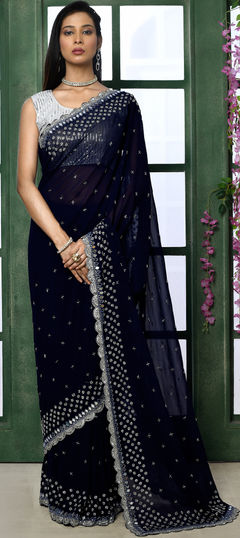 Bridal, Reception, Wedding Blue color Saree in Georgette fabric with Classic Bugle Beads, Cut Dana, Stone work : 1887013