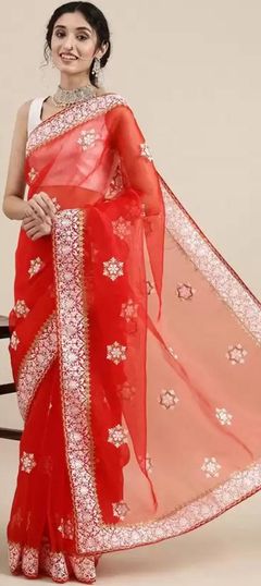 Reception, Traditional, Wedding Red and Maroon color Saree in Organza Silk, Silk fabric with Classic, South Embroidered, Resham, Thread work : 1887049