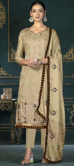 Party Wear Beige and Brown color Salwar Kameez in Chanderi Silk fabric with Straight Embroidered, Printed, Thread work : 1887179