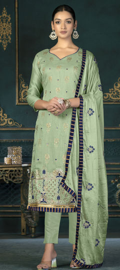 Party Wear Green color Salwar Kameez in Chanderi Silk fabric with Straight Embroidered, Printed, Thread work : 1887181