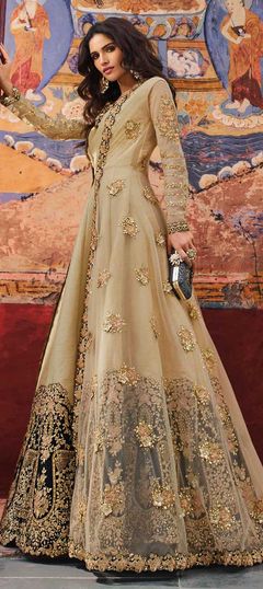 Beige and Brown color Salwar Kameez in Silk fabric with Embroidered, Stone, Thread, Zari work