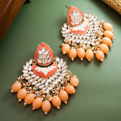Gold Rodium Polish Beige and Brown color Earrings in Metal Alloy studded with Kundan, Pearl