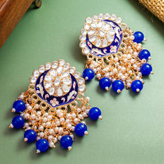 Gold Rodium Polish Blue color Earrings in Metal Alloy studded with Kundan, Pearl