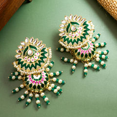 Gold Rodium Polish Green color Earrings in Metal Alloy studded with Kundan, Pearl